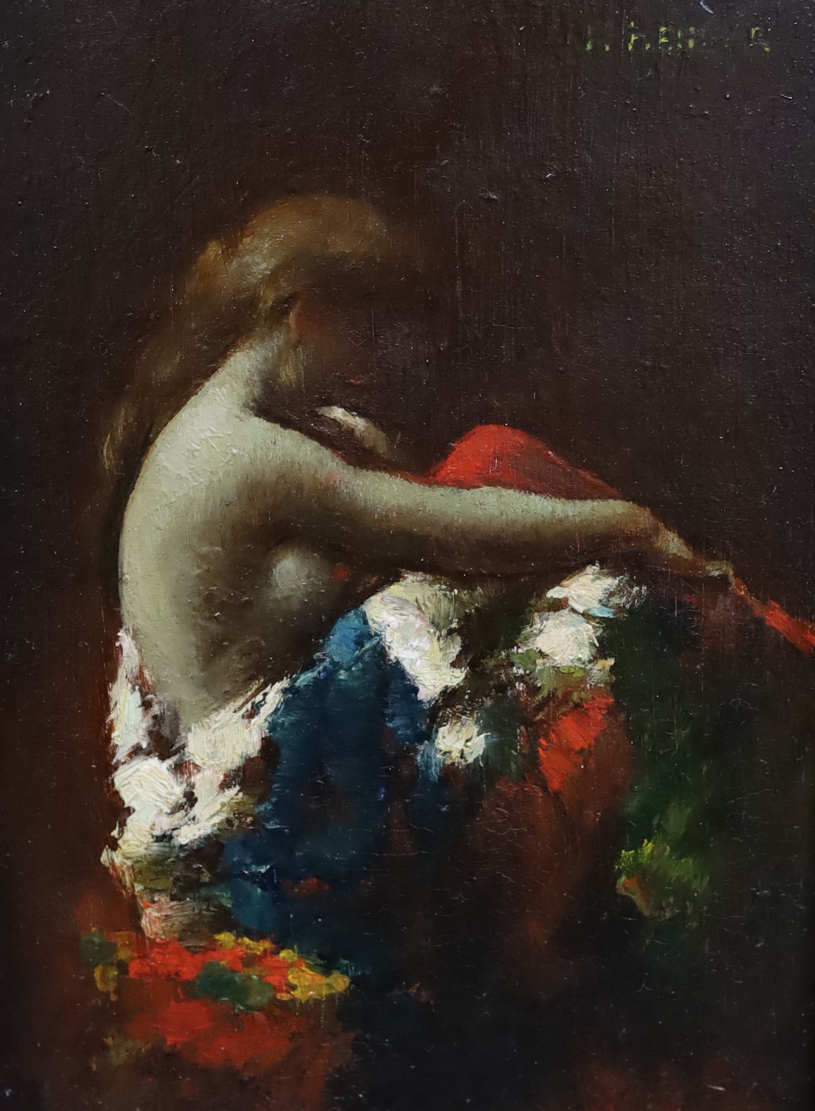 Jean Jacques Henner (French, 1829-1905), 'Sitzende Frau In Halbdunkel', oil on wooden panel, 21 x 15.5cm